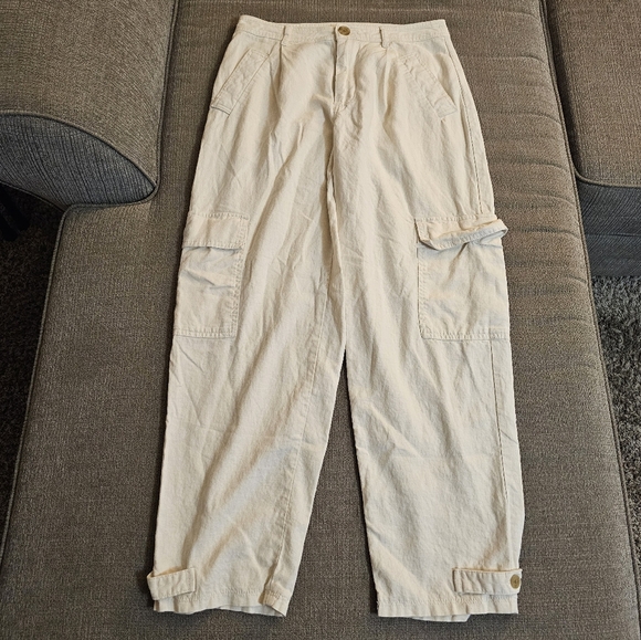 a new day Pants - A New Day Cream Cargo Linen Blend Relaxed Baggy Casual Neutral Pants Size 4